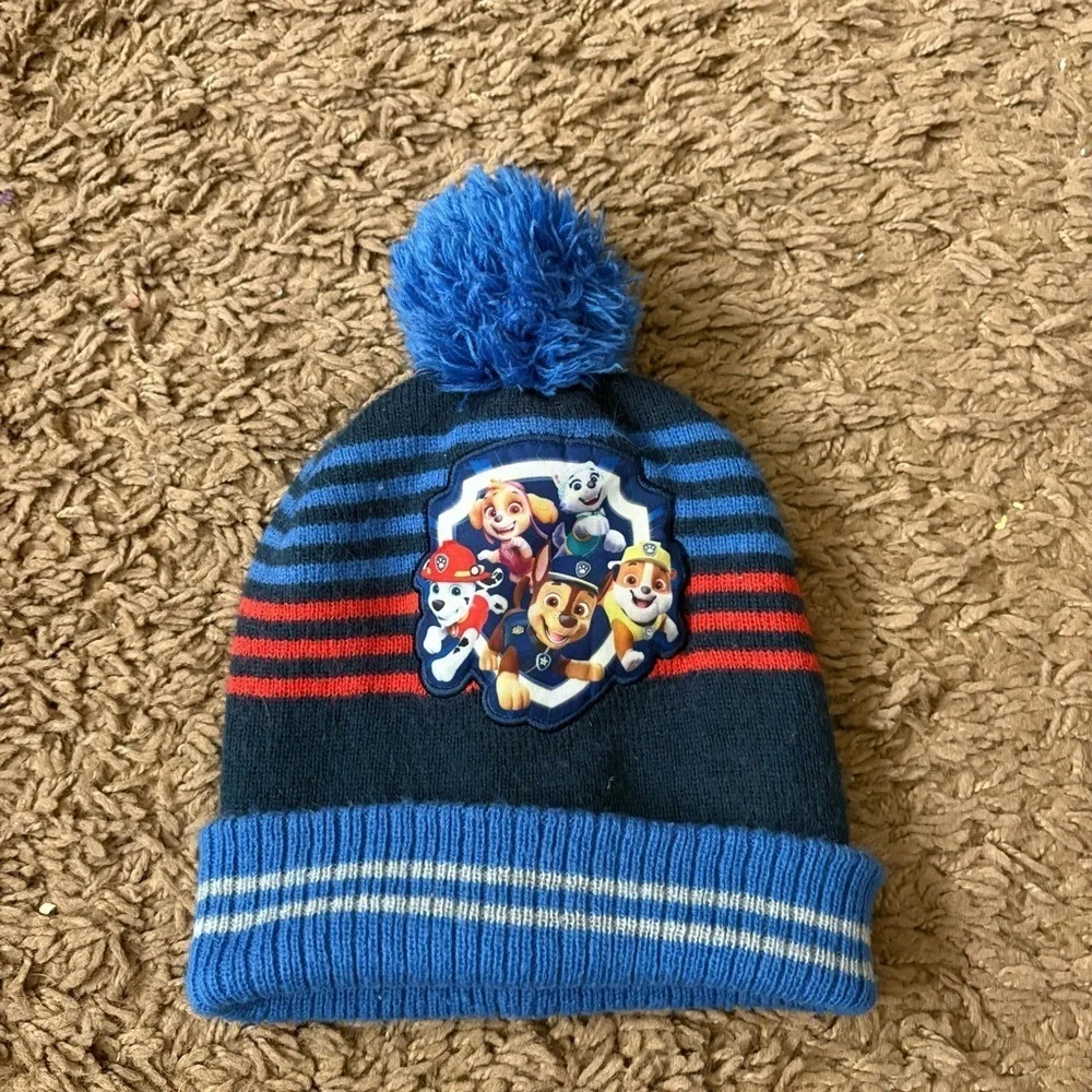 Paw Patrol Striped Beanie Hat Kids Pom Blue Red Chase